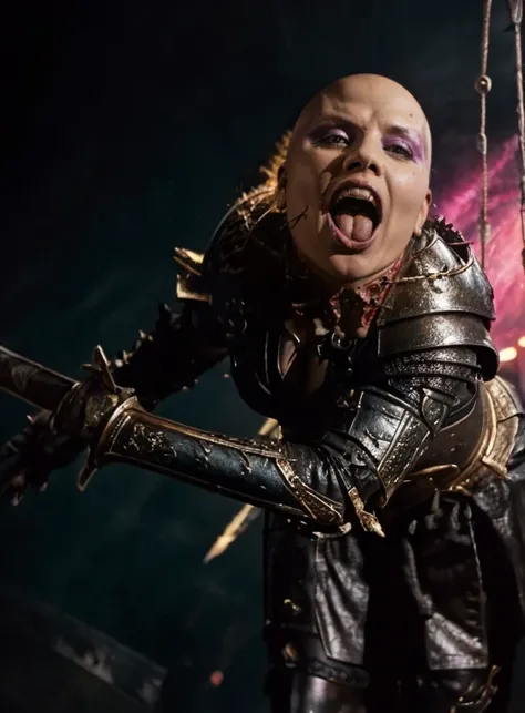 Photo-realistic high resolution photography of view from below a massive <lora:f3mal3:0.6> hyperrealistic demonic bald female f3mal3, slashed open throat, wearing pink slaanesh chaos warrior armour <lora:chaoswarrior:1>, swinging manically a massive sabre at the viewer, screaming, mouth open, tongue out licking own lips, bokeh, LDSR, Depth of Field, OverallDetail