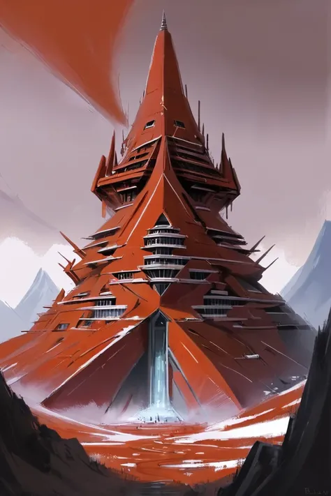 masterpiece, scifi, a abandoned glimmering red-orange fantasy mountainside megastructure beyond the beginning of time, masterpiece, by Kieran Belshaw<lora:EnvyAnimeDigitalPaintingXL01:1>