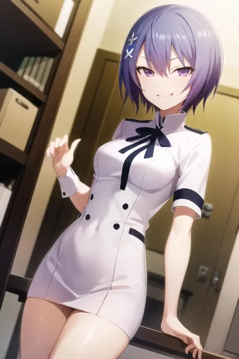 best quality, absurdres, masterpiece,
<lora:MiyakoCharaVN-14:0.8>,miyakovn, very short hair, shiina miyako, white uniform, hair ornament,
1girl, (smug smile:1.2),