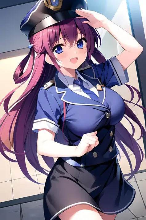 suou amane, 1girl, masterpiece, best quality, police hat, police woman, police uniform, police,  salute, laughing, running towards viewer, <lora:Suou_Amane:0.7>
