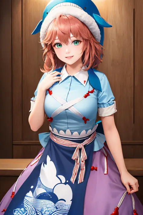 (masterpiece, best quality:1.2), cowboy shot, solo, 1girl, okunoda miyoi, smile, looking at viewer, hand on own chest, animal hat, blue shirt, short sleeves, purple skirt <lora:touhou_okunoda:1.0>