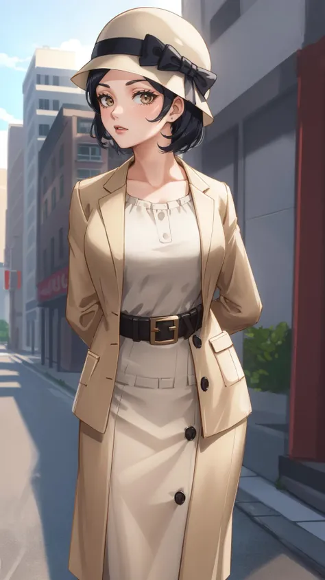 solo, standing, looking at viewer, cowboy shot, outdoors, city, <lora:zs_Tae:1> taedsrk, short hair, black hair, beige hat, beige jacket, shirt, beige skirt, (hands behind back:1.4), leaning forward, facing viewer