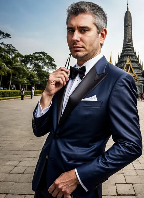 portrait of  sks person, in Bangkok, at the Wat Arun temple, Tuxedo jacket and tailored trousers, by David LaChapelle, epic character composition, 
<lora:locon_perfecteyes_v1_from_v1_64_32:0.25>, perfecteyes
<lora:locon_perfectsmile_v1_from_v1_64_32:0.1>, (perfectsmile:0.7) 
<lora:add_detail:0.7>
 <lora:locon_ethanklein_v1_from_v1_64_32:1>