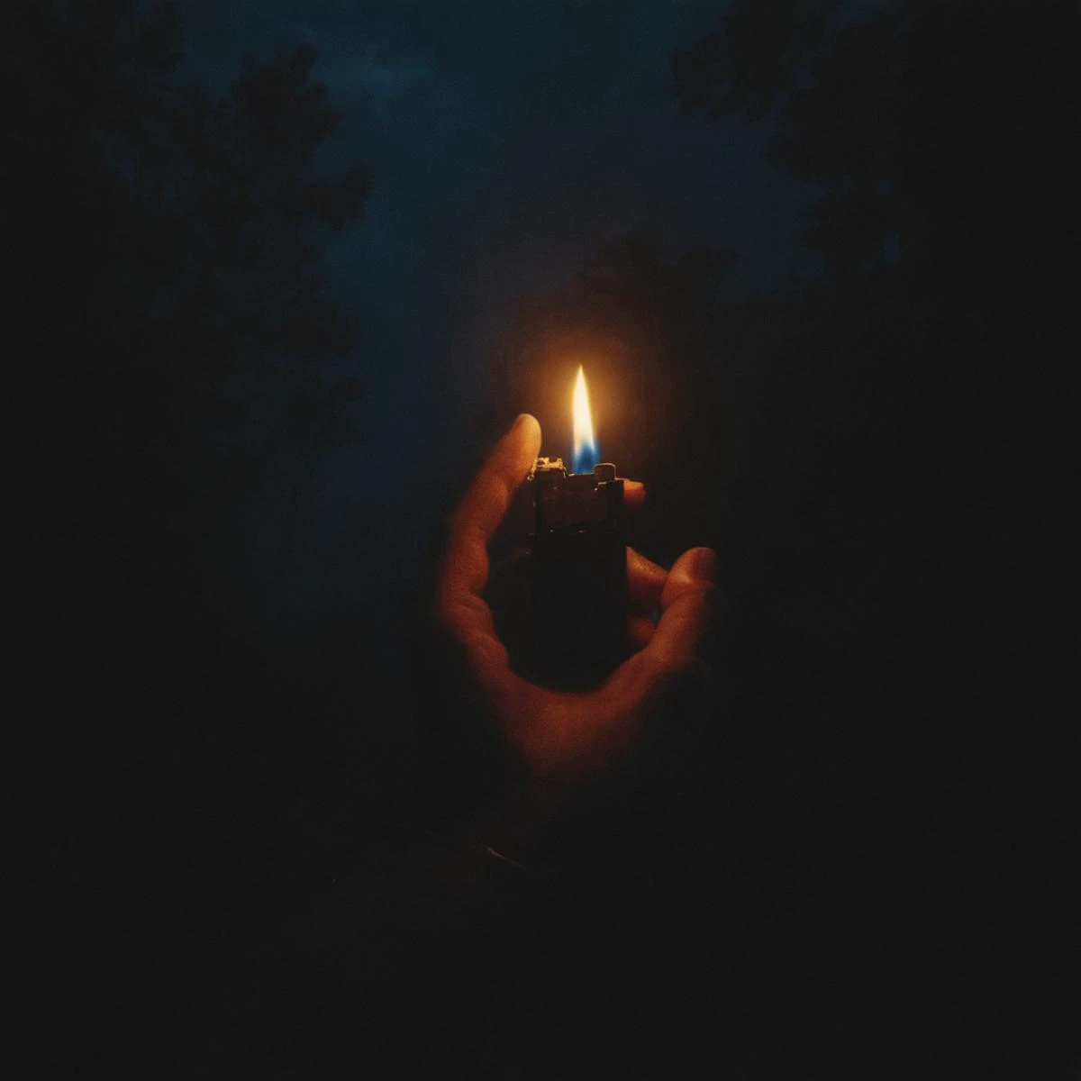 horror,night,cigarette lighter in hands,dark atmospher,starrystarscloudcolorful,shines a lighter on himself from below,Face lighting from below,bottom view,forest,8k,<lora:- SDXL - vant_blk_contrast_V2.0:0.7>,<lora:Desolation:0.5>,<lora:handmix101:0.8>,hand101,