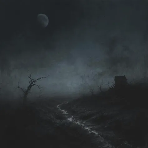 an image capturing the essence of darkness and sadness by illustrating a desolate landscape shrouded in an inky blackness. Integrate elements like wilted flowers, a lone crow perched on a gnarled branch, and a moon veiled behind ominous clouds, casting an eerie glow on abandoned structures. Emphasize the somber mood with a palette dominated by deep blues and grays.,8k,<lora:- SDXL - vant_blk_contrast_V2.0:0.7>,<lora:Desolation:0.5>,<lora:handmix101:0.8>,hand101,