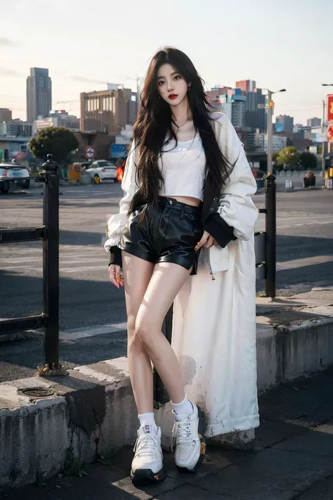 1girl, Chinese, long hair, wearing oversize jacket, black leather shorts, white sneaker, earrings, cityscape. full body, 8k, HDR, photorealistic, realistic, slim legs, masterpiece, best quality, overall_view, looking at viewer,