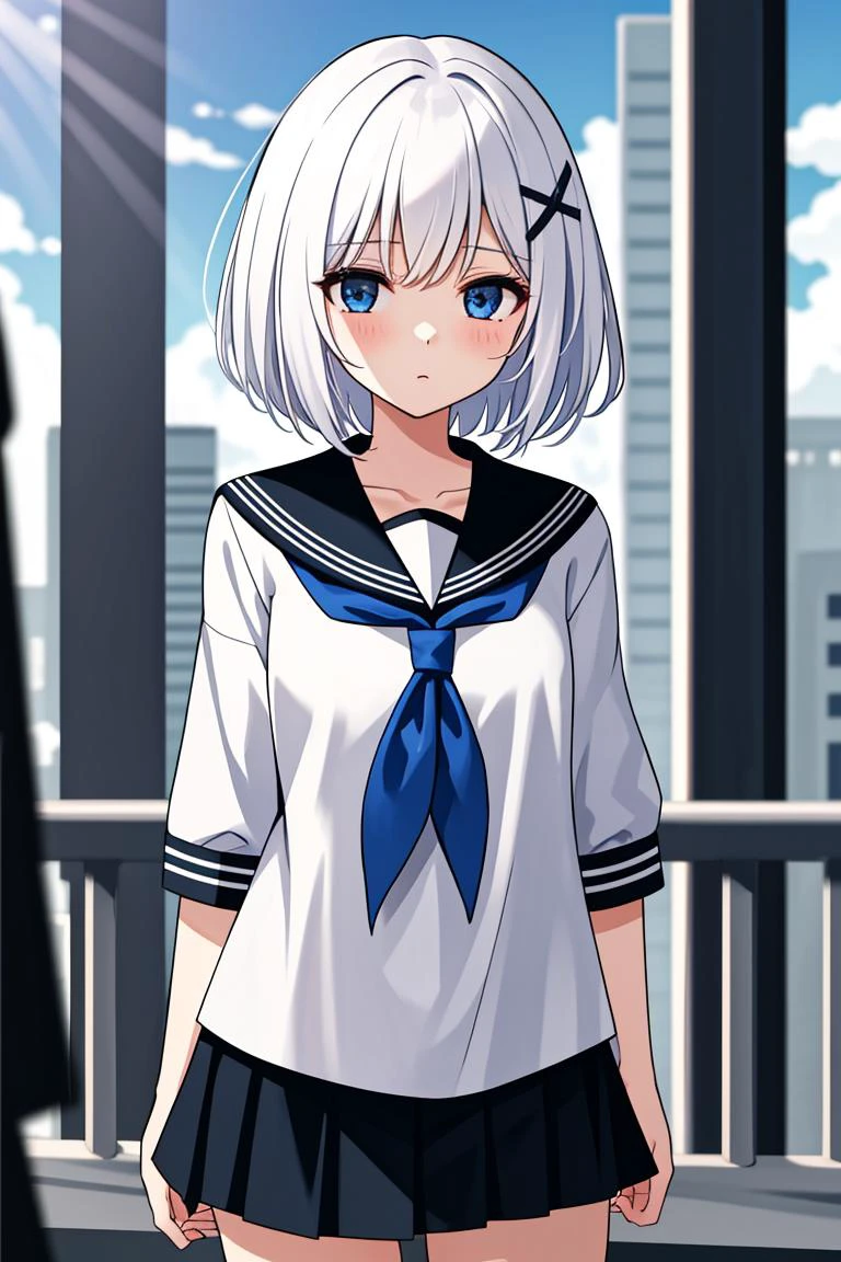 1girl, short hair, (white hair:1.2), x hair ornament, blue eyes,
outdoors, detailed background, city,
neckerchief,
serafuku,
<lora:SiestaV1.0-000001:1> siesta diad,, <lora:LCM_LoRA_Weights_SD15:1>