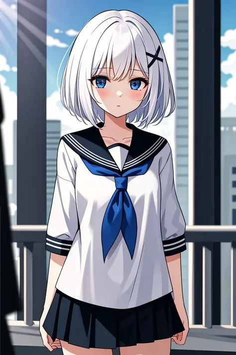 1girl, short hair, (white hair:1.2), x hair ornament, blue eyes, 
outdoors, detailed background, city, 
neckerchief, 
serafuku, 
 <lora:SiestaV1.0-000001:1> siesta diad,, <lora:LCM_LoRA_Weights_SD15:1>