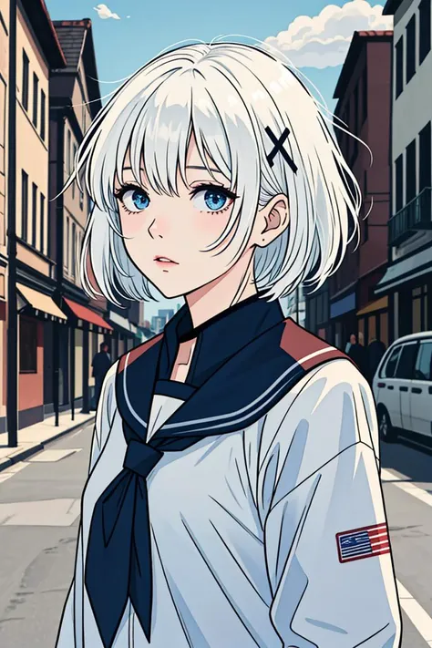 1girl, short hair, (white hair:1.2), x hair ornament, blue eyes,
outdoors, detailed background, city,
neckerchief,
serafuku,
<lora:SiestaV1.0-000001:1> siesta diad,, <lora:LCM_LoRA_Weights_SD15:1>