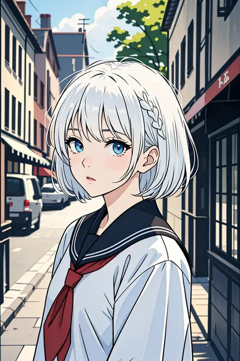 1girl, short hair, (white hair:1.2), x hair ornament, blue eyes, 
outdoors, detailed background, city, 
neckerchief, 
serafuku, 
 <lora:SiestaV1.0-000001:1> siesta diad,, <lora:LCM_LoRA_Weights_SD15:1>