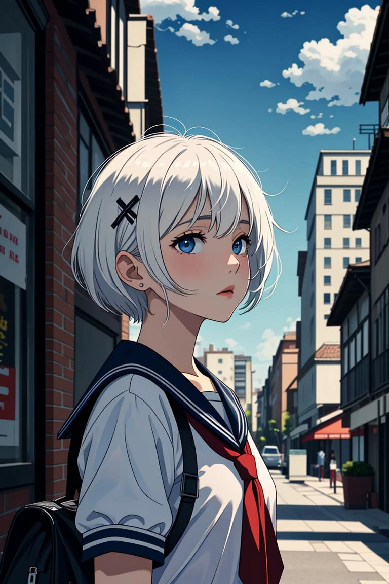 1girl, short hair, (white hair:1.2), x hair ornament, blue eyes,
outdoors, detailed background, city,
neckerchief,
serafuku,
<lora:SiestaV1.0-000001:1> siesta diad,, <lora:LCM_LoRA_Weights_SD15:1>