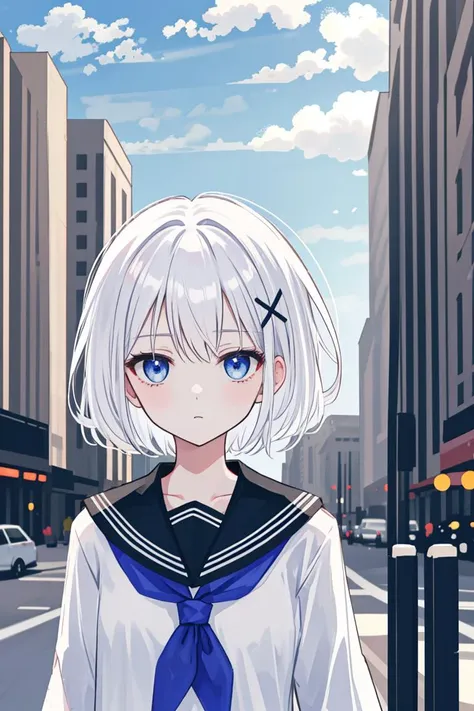 1girl, short hair, (white hair:1.2), x hair ornament, blue eyes, 
outdoors, detailed background, city, 
neckerchief, 
serafuku, 
 <lora:SiestaV1.0-000001:1> siesta diad,, <lora:LCM_LoRA_Weights_SD15:1>