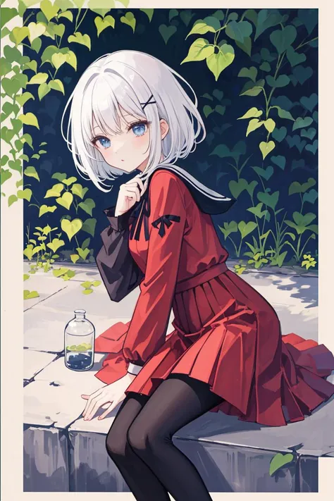 1girl, short hair, white hair, x hair ornament, blue eyes, 
parted lips, bangs, 
looking at viewer, 
red dress, pantyhose,
 <lora:SiestaV1.0-000001:1> siesta diad, <lora:LCM_LoRA_Weights_SD15:1>