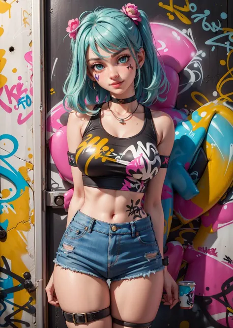 egirl as harlequin nude, pink and blue hair with a choker in the background, synth wave color palette, trend in artstation, trend on CGSociety, Intricate, High detail, sharp focus, dramatic, full body shot, trend on tiktok