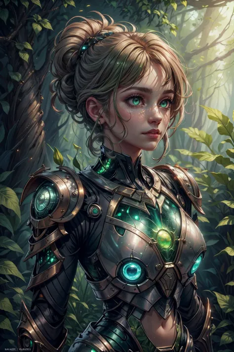 (masterpiece, best quality), photorealistic rendering, game cg cinematic, <lora:add_detail_v5:1>
1 girl, adult portuguese woman, hazel eyes, gray updo hairstyle,
Style-GravityMagic, portrait, solo, (full body:0.6), looking up, detailed background, detailed face, (<lora:SolarpunkAI:0.5>, green-powered, solarpunk theme:1.1) glowing eyes, verdant-defender, organic armor, harmony of roots with metal, metal armor, vines creeping on armor, vigilant, glowing magical tattoos, bright green druidic sigils etched in armor, magical plant growth,particle effects, vibrant underbrush in background, fireflies, windblown leaves, filtered light, magical atmosphere,
<lora:XenoDetailer:0.5>,