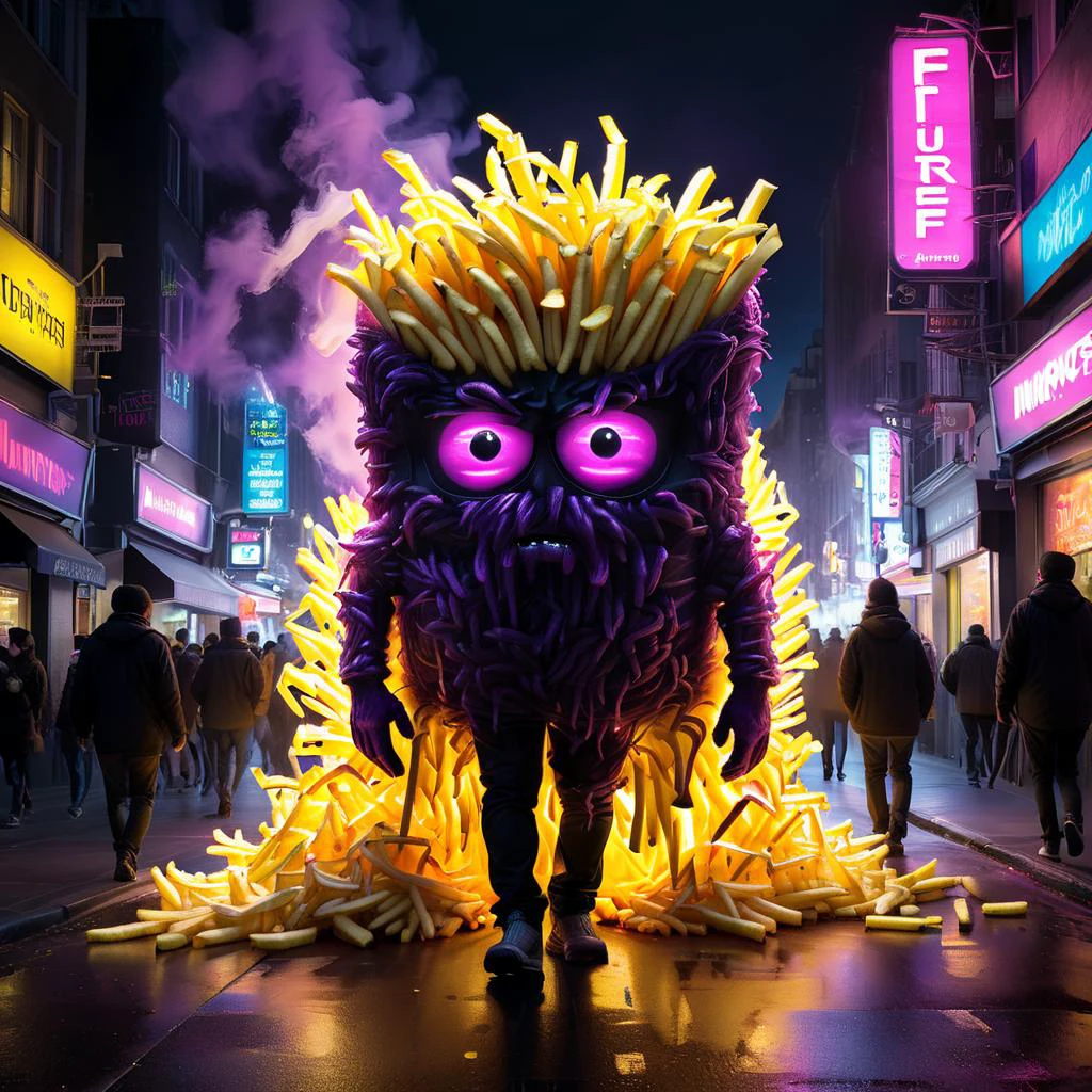crazy fluorescing monster sized french fries monster walking down city streets gigantic, in neon colors, future art , subsurface scattering, ultra hd, 4k, high def, Photorealistic, Hyperrealistic, Hyper detailed, analog style, realistic, masterpiece, best quality, ultra realistic, 8k, Intricate, High Detail, film photography, soft lighting, heavy shadow, <lora:WildcardX-XL-Detail-Enhancer:1.5> <lora:xl_more_art_full_v1:0.8> <lora:LORA_XenoDetailer_v3:0.8> <lora:Engulfed_By_any_color:0.8> Engulfed BY black, Engulfed BY purple, Engulfed BY yellow, Engulfed BY color
