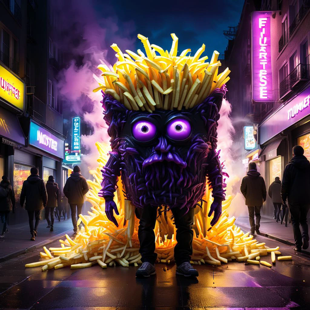 crazy fluorescing monster sized french fries monster walking down city streets gigantic, in neon colors, future art , subsurface scattering, ultra hd, 4k, high def, Photorealistic, Hyperrealistic, Hyper detailed, analog style, realistic, masterpiece, best quality, ultra realistic, 8k, Intricate, High Detail, film photography, soft lighting, heavy shadow, <lora:WildcardX-XL-Detail-Enhancer:1.5> <lora:xl_more_art_full_v1:0.8> <lora:LORA_XenoDetailer_v3:0.8> <lora:Engulfed_By_any_color:0.8> Engulfed BY black, Engulfed BY purple, Engulfed BY yellow, Engulfed BY color