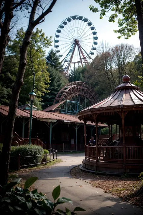 An abandoned amusement park reclaimed by nature, with rusted roller coasters and a carousel frozen in time.
blurry