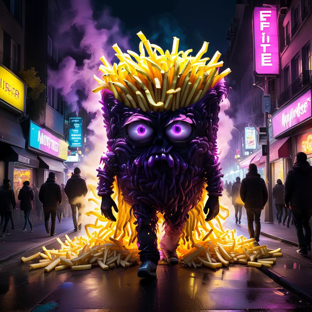 crazy fluorescing monster sized french fries monster walking down city streets gigantic, in neon colors, future art , subsurface scattering, ultra hd, 4k, high def, Photorealistic, Hyperrealistic, Hyper detailed, analog style, realistic, masterpiece, best quality, ultra realistic, 8k, Intricate, High Detail, film photography, soft lighting, heavy shadow, <lora:WildcardX-XL-Detail-Enhancer:1.5> <lora:xl_more_art_full_v1:0.8> <lora:LORA_XenoDetailer_v3:0.8> <lora:Engulfed_By_any_color:0.8> Engulfed BY black, Engulfed BY purple, Engulfed BY yellow, Engulfed BY color