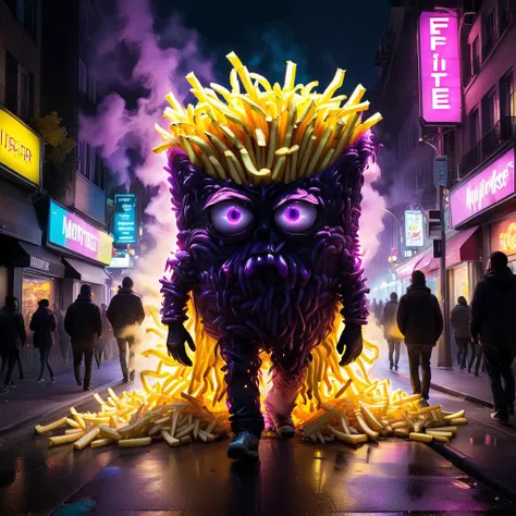 crazy fluorescing monster sized french fries monster walking down city streets gigantic, in neon colors, future art , subsurface scattering, ultra hd, 4k, high def, Photorealistic, Hyperrealistic, Hyper detailed, analog style, realistic, masterpiece, best quality, ultra realistic, 8k, Intricate, High Detail, film photography, soft lighting, heavy shadow, <lora:WildcardX-XL-Detail-Enhancer:1.5> <lora:xl_more_art_full_v1:0.8> <lora:LORA_XenoDetailer_v3:0.8> <lora:Engulfed_By_any_color:0.8> Engulfed BY black, Engulfed BY purple, Engulfed BY yellow, Engulfed BY color