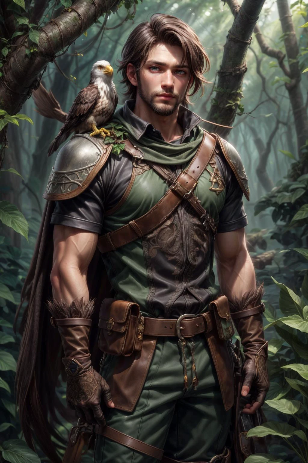 (masterpiece, best quality:1.4), (beautiful, aesthetic, perfect, delicate, intricate:1.2), <lora:more_details:1>, <lora:sharpen-soften:-0.5>,
(1man, muscular adult male:1.2), ruby eyes, dark brown hair, beard,
looking down, solo, (full body:0.6), detailed background, detailed face, (tropical jungle theme:1.1) falconer, bird resting on shoulder, eagle resting on shoulder, falconer gloves, dynamic pose, medieval fantasy setting, high fantasy, gray furred leather clothes, gloves, pouch, straps, belt, swampy forest, bushes, vines, ivy, stones, lake, (Style-SwampMagic:0.4), oak trees, leaves, ferns, birds, crossbow, (snow:0.7),
<lora:XenoDetailer:0.5>,