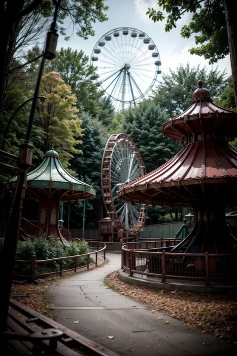 An abandoned amusement park reclaimed by nature, with rusted roller coasters and a carousel frozen in time.
blurry