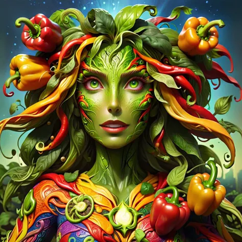 superhero called bell pepper woman <lora:ral-mytfrst:0.8> ral-mytfrst <lora:hipoly_3dcg_v7-epoch:0.8> <lora:LORA-XenoDetailer-v3:1> <lora:more_details:0.8> <lora:drdjns:0.8> psychedelic art, drdjns style