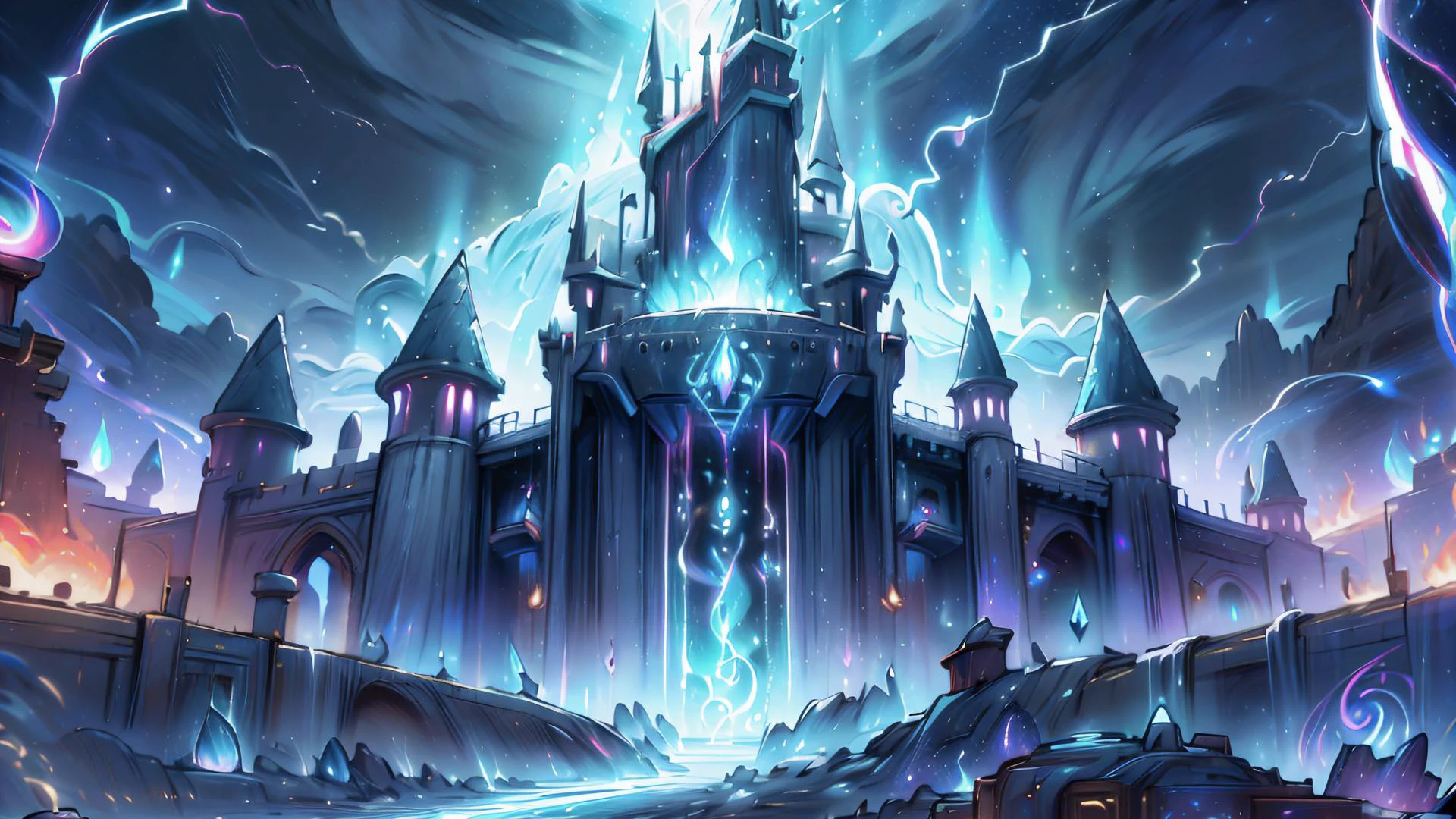 high fantasy landscape, (high quality, highres, ultra-detailed), (animated), (vibrant colors), (magical location), (ethereal glow), (elemental energy), (lightning storms), (ever-changing structure), (arcane symbols), (elemental forces), (crystalline cliffs), (iridescent waterfalls), (scorching flames), (ethereal whirlwinds), (extreme weather), (sanctuary), (enigmatic), (chaotic essence), (unique powers), (adventurers), (spellcasters) <lora:ElementalMagicAIv2:1> IceMagicAI, fireMagicAI, LightningMagicAI, <lora:GlowingRunesAIv4:1> <lora:XenoDetailer:1>