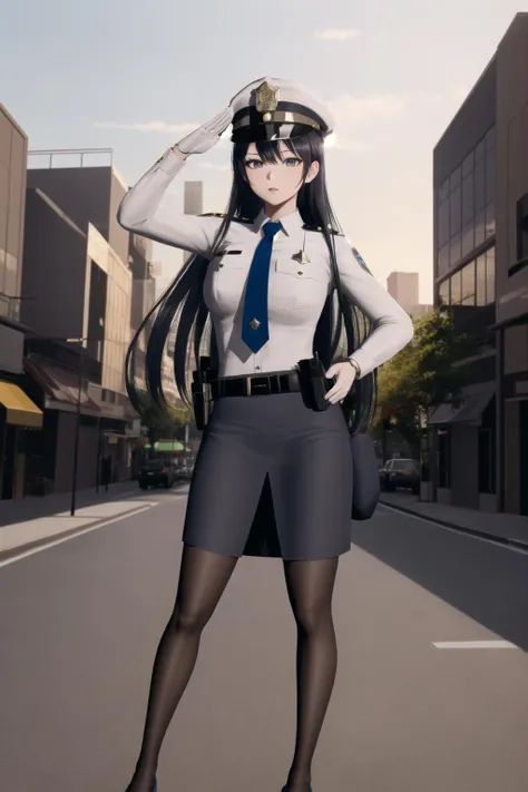 masterpiece,best quality,extremely detailed 8K wallpaper,long_hair,
1girl,Pu1,tie,white shirt,looking at viewer,full body,police hat,upper body,salute,
city,building,