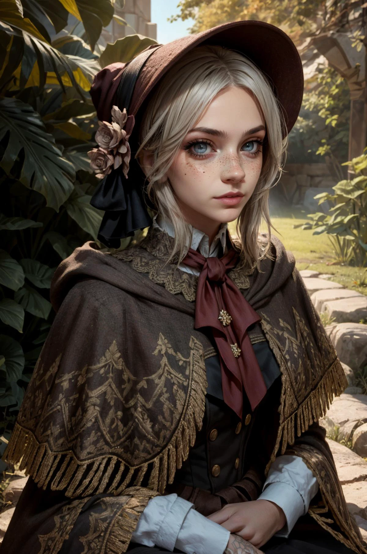 (masterpiece, best quality, high resolution:1.2), (dynamic pose:1.2), (dynamic angle:1.2), cowboy shot, detailed fantasy background, looking at viewer,
casual photography, HDR, natural light, (anti-aliasing:1.2), elegant, soft scattered light, realistic proportions, limited palette, backlit, accent lighting, (neutral colors:1.3), cross process, cinematic lighting, coherent light, coherent shadows,
detailed face, detailed eyes, detailed skin, extremely detailed, intricate details, <lora:ZH_Mushyee_v1:0.95> 24y.o. woman, zh_mushyee_cosplaygirl, solo, zh_mushyee_normalgirl, long hair, tattoo, realistic, freckles, lips, <lora:plaindoll-nvwls-v1:0.96> plaindoll, white hair, doll joints, bonnet, brown cloak, long dress, red ascot, grey eyes, black dress