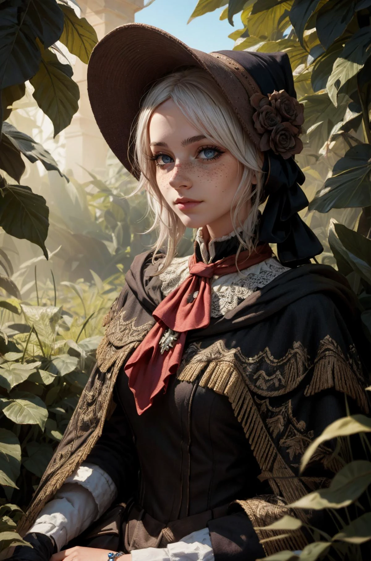 (masterpiece, best quality, high resolution:1.2), (dynamic pose:1.2), (dynamic angle:1.2), cowboy shot, detailed fantasy background, looking at viewer,
casual photography, HDR, natural light, (anti-aliasing:1.2), elegant, soft scattered light, realistic proportions, limited palette, backlit, accent lighting, (neutral colors:1.3), cross process, cinematic lighting, coherent light, coherent shadows,
detailed face, detailed eyes, detailed skin, extremely detailed, intricate details, <lora:ZH_Mushyee_v1:0.95> 24y.o. woman, zh_mushyee_cosplaygirl, solo, zh_mushyee_normalgirl, long hair, tattoo, realistic, freckles, lips, <lora:plaindoll-nvwls-v1:0.96> plaindoll, white hair, doll joints, bonnet, brown cloak, long dress, red ascot, grey eyes, black dress