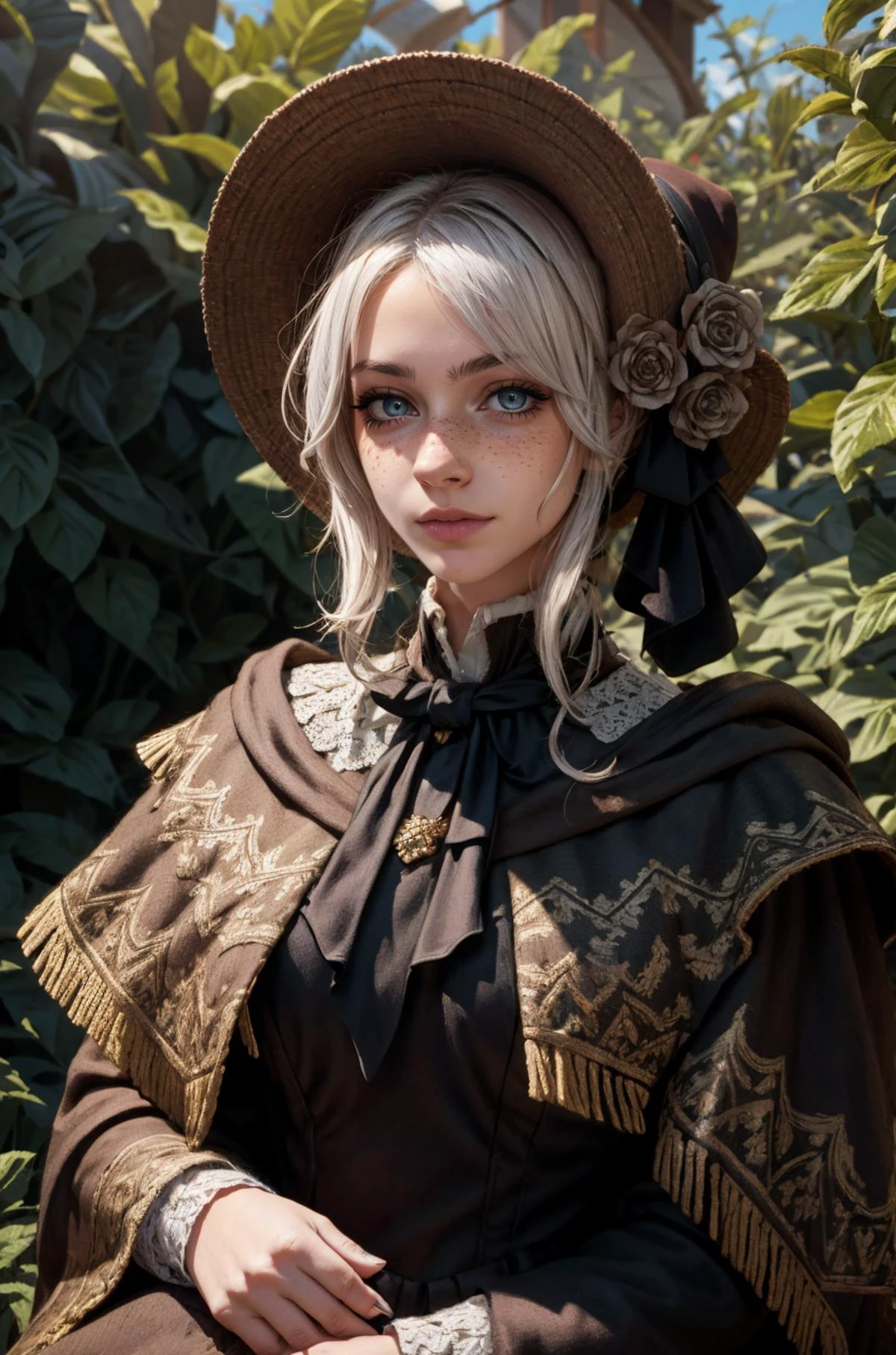 (masterpiece, best quality, high resolution:1.2), (dynamic pose:1.2), (dynamic angle:1.2), cowboy shot, detailed fantasy background, looking at viewer,
casual photography, HDR, natural light, (anti-aliasing:1.2), elegant, soft scattered light, realistic proportions, limited palette, backlit, accent lighting, (neutral colors:1.3), cross process, cinematic lighting, coherent light, coherent shadows,
detailed face, detailed eyes, detailed skin, extremely detailed, intricate details, <lora:ZH_Mushyee_v1:0.95> 24y.o. woman, zh_mushyee_cosplaygirl, solo, zh_mushyee_normalgirl, long hair, tattoo, realistic, freckles, lips, <lora:plaindoll-nvwls-v1:0.96> plaindoll, white hair, doll joints, bonnet, brown cloak, long dress, red ascot, grey eyes, black dress
