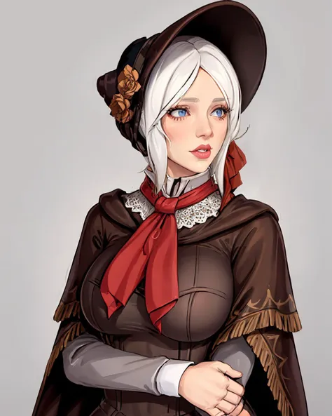 <lora:plaindoll-nvwls-v1:0.8>, plaindoll, white hair, doll joints, bonnet, brown cloak, long dress, red ascot, large breasts, <lora:Rocner:0.7>, lips