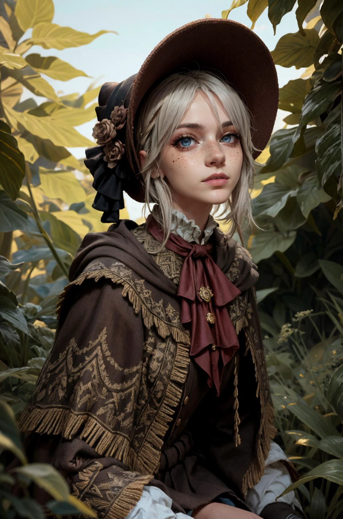 (masterpiece, best quality, high resolution:1.2), (dynamic pose:1.2), (dynamic angle:1.2), cowboy shot, detailed fantasy background, looking at viewer,
casual photography, HDR, natural light, (anti-aliasing:1.2), elegant, soft scattered light, realistic proportions, limited palette, backlit, accent lighting, (neutral colors:1.3), cross process, cinematic lighting, coherent light, coherent shadows,
detailed face, detailed eyes, detailed skin, extremely detailed, intricate details, <lora:ZH_Mushyee_v1:0.95> 24y.o. woman, zh_mushyee_cosplaygirl, solo, zh_mushyee_normalgirl, long hair, tattoo, realistic, freckles, lips, <lora:plaindoll-nvwls-v1:0.96> plaindoll, white hair, doll joints, bonnet, brown cloak, long dress, red ascot, grey eyes, black dress