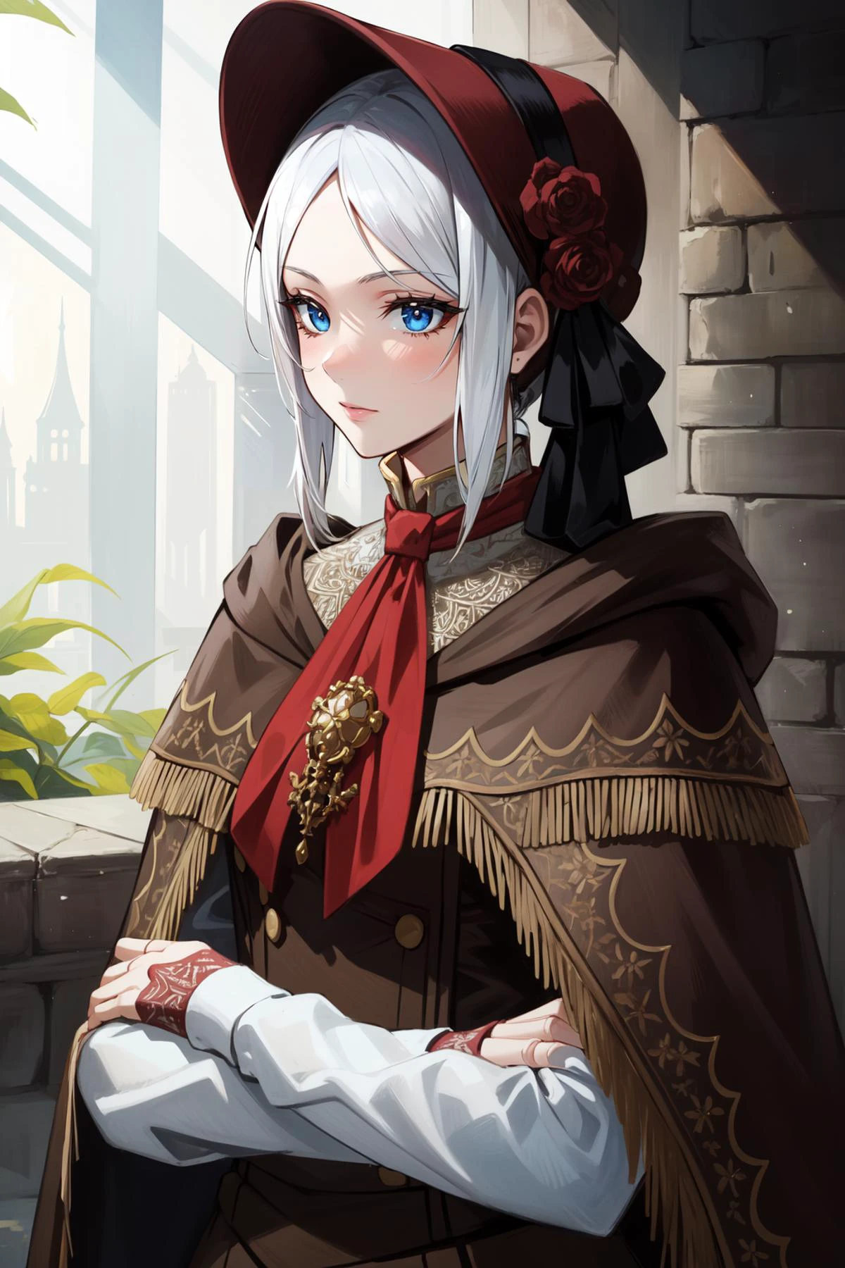 (masterpiece, best quality), intricate details,
1girl, <lora:plaindoll-nvwls-v1:0.8> plaindoll, white hair, doll joints, bonnet, brown cloak, long dress, red ascot