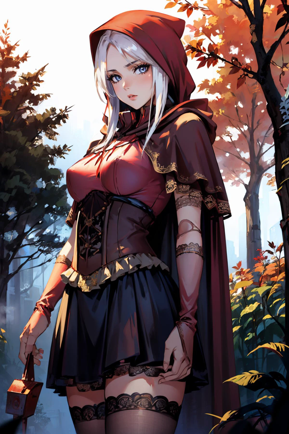 masterpiece, best quality, <lora:edgRedRidingHood_MINI:1.2> RHG, a woman in a red cape and black stockings, wearing RHG <lora:plaindoll-nvwls-v1:0.8> plaindoll, white hair, doll joints, autumn, desaturated, looking at viewer, forest, withered trees, standing, cowboy shot