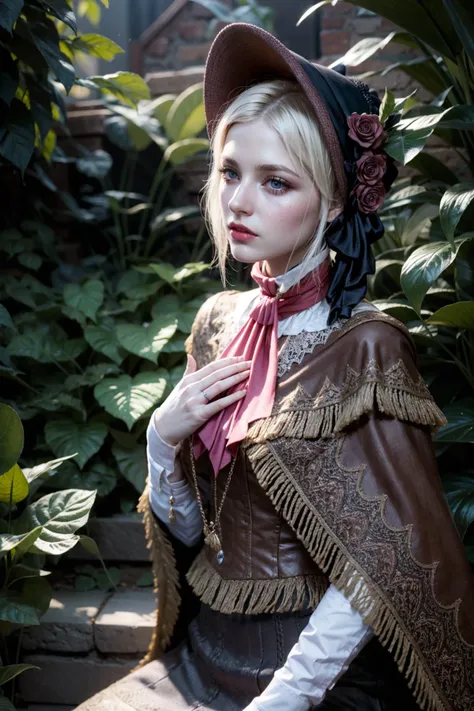 (realistic:1.3), finely detailed, quality, rembrandt lighting, (masterpiece:1.2), (photorealistic:1.2), (best quality), (detailed skin:1.3), (intricate details), dramatic, ray tracing, 1girl, plaindoll, doll joints, 21 years old, detailed skin texture, (blush:0.5), (goosebumps:0.5), subsurface scattering, expressionless, medium breasts, white hair, bonnet, brown cloak, long dress, red ascot, (purple sky, night, stone steps, plants), <lora:plaindoll-nvwls-v1:1>