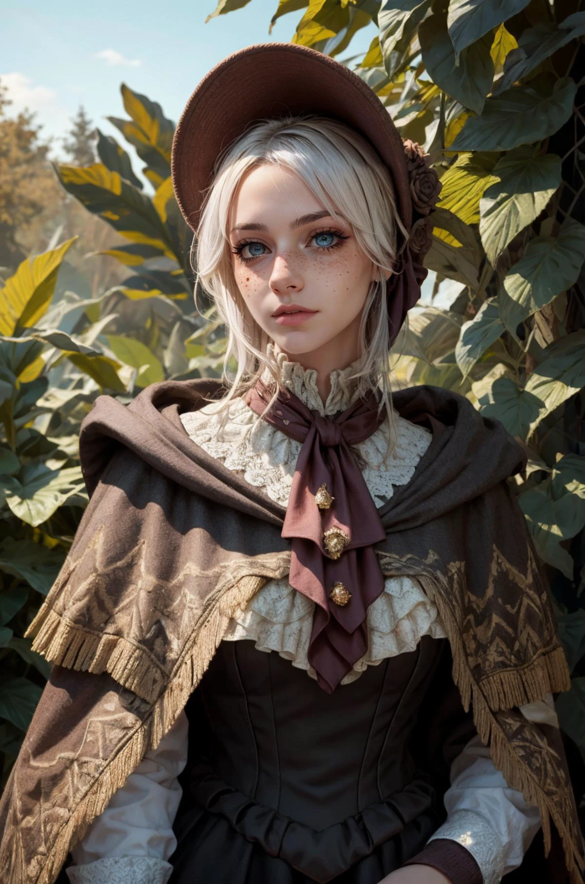 (masterpiece, best quality, high resolution:1.2), (dynamic pose:1.2), (dynamic angle:1.2), cowboy shot, detailed fantasy background, looking at viewer,
casual photography, HDR, natural light, (anti-aliasing:1.2), elegant, soft scattered light, realistic proportions, limited palette, backlit, accent lighting, (neutral colors:1.3), cross process, cinematic lighting, coherent light, coherent shadows,
detailed face, detailed eyes, detailed skin, extremely detailed, intricate details, <lora:ZH_Mushyee_v1:0.95> 24y.o. woman, zh_mushyee_cosplaygirl, solo, zh_mushyee_normalgirl, long hair, tattoo, realistic, freckles, lips, <lora:plaindoll-nvwls-v1:0.96> plaindoll, white hair, doll joints, bonnet, brown cloak, long dress, red ascot, grey eyes, black dress