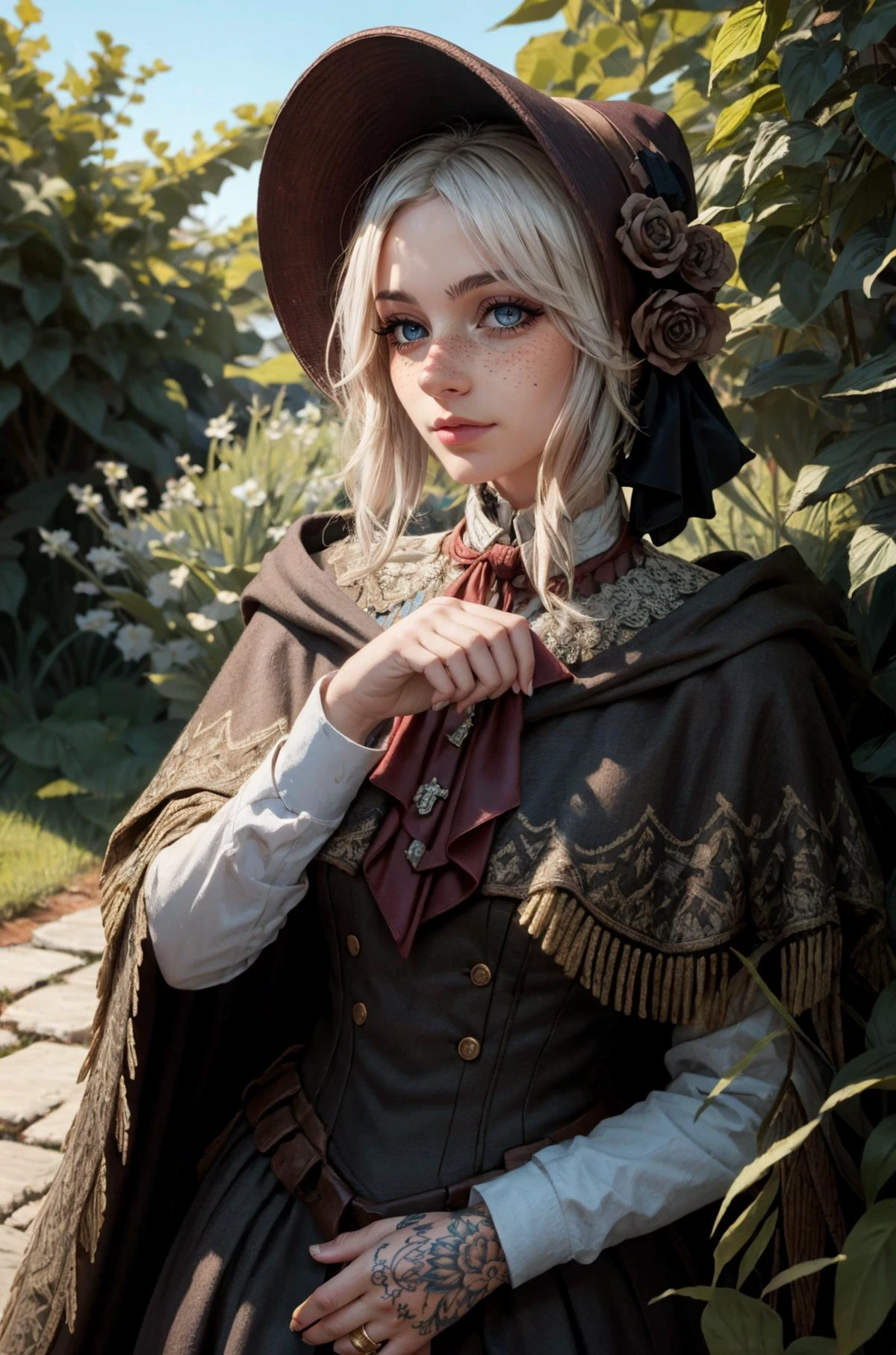 (masterpiece, best quality, high resolution:1.2), (dynamic pose:1.2), (dynamic angle:1.2), cowboy shot, detailed fantasy background, looking at viewer,
casual photography, HDR, natural light, (anti-aliasing:1.2), elegant, soft scattered light, realistic proportions, limited palette, backlit, accent lighting, (neutral colors:1.3), cross process, cinematic lighting, coherent light, coherent shadows,
detailed face, detailed eyes, detailed skin, extremely detailed, intricate details, <lora:ZH_Mushyee_v1:0.95> 24y.o. woman, zh_mushyee_cosplaygirl, solo, zh_mushyee_normalgirl, long hair, tattoo, realistic, freckles, lips, <lora:plaindoll-nvwls-v1:0.96> plaindoll, white hair, doll joints, bonnet, brown cloak, long dress, red ascot, grey eyes, black dress
