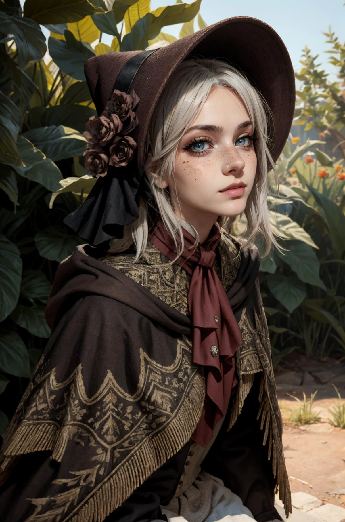 (masterpiece, best quality, high resolution:1.2), (dynamic pose:1.2), (dynamic angle:1.2), cowboy shot, detailed fantasy background, looking at viewer,
casual photography, HDR, natural light, (anti-aliasing:1.2), elegant, soft scattered light, realistic proportions, limited palette, backlit, accent lighting, (neutral colors:1.3), cross process, cinematic lighting, coherent light, coherent shadows,
detailed face, detailed eyes, detailed skin, extremely detailed, intricate details, <lora:ZH_Mushyee_v1:0.95> 24y.o. woman, zh_mushyee_cosplaygirl, solo, zh_mushyee_normalgirl, long hair, tattoo, realistic, freckles, lips, <lora:plaindoll-nvwls-v1:0.96> plaindoll, white hair, doll joints, bonnet, brown cloak, long dress, red ascot, grey eyes, black dress