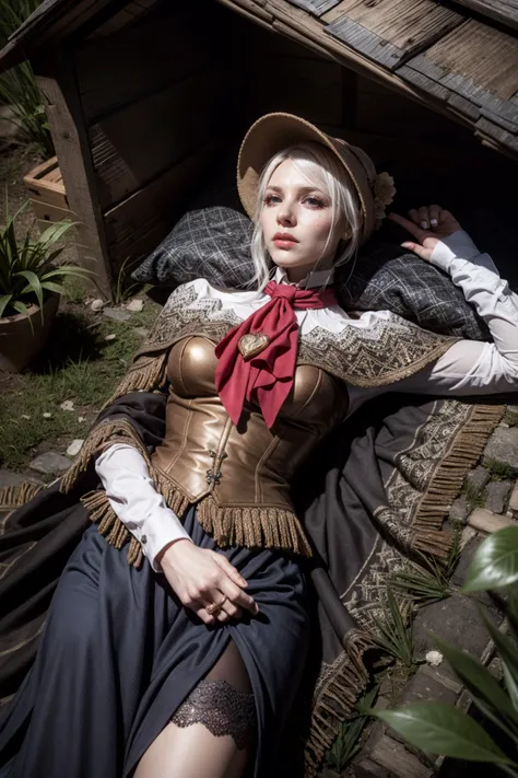 (realistic:1.3), finely detailed, quality, rembrandt lighting, (masterpiece:1.2), (photorealistic:1.2), (best quality), (detailed skin:1.3), (intricate details), dramatic, ray tracing, 1girl, plaindoll, doll joints, 21 years old, detailed skin texture, (blush:0.5), (goosebumps:0.5), subsurface scattering, expressionless, medium breasts, white hair, bonnet, brown cloak, long dress, red ascot, lying on bed, lying on back, from above, (crude wooden bed, wooden hut), <lora:plaindoll-nvwls-v1:0.8>