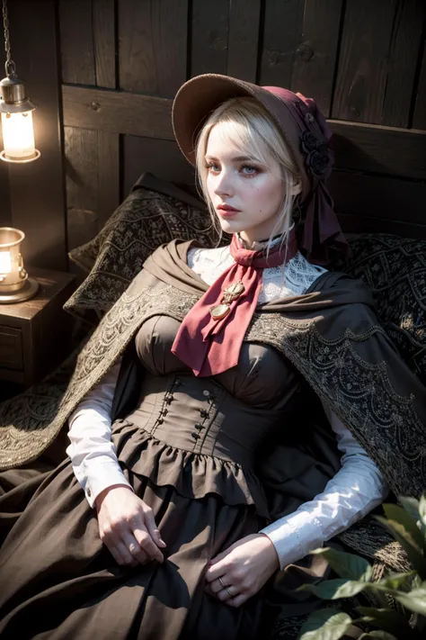 (realistic:1.3), finely detailed, quality, rembrandt lighting, (masterpiece:1.2), (photorealistic:1.2), (best quality), (detailed skin:1.3), (intricate details), dramatic, ray tracing, 1girl, plaindoll, doll joints, 21 years old, detailed skin texture, (blush:0.5), (goosebumps:0.5), subsurface scattering, expressionless, medium breasts, white hair, bonnet, brown cloak, long dress, red ascot, lying on bed, lying on back, from above, (night, crude wooden bed, indoors, wooden hut, oil lamp), <lora:plaindoll-nvwls-v1:0.8>