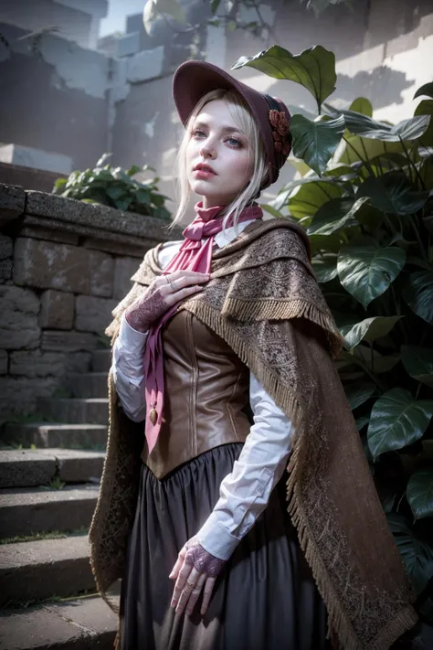 (realistic:1.3), finely detailed, quality, rembrandt lighting, (masterpiece:1.2), (photorealistic:1.2), (best quality), (detailed skin:1.3), (intricate details), dramatic, ray tracing, 1girl, plaindoll, doll joints, 21 years old, detailed skin texture, (blush:0.5), (goosebumps:0.5), subsurface scattering, expressionless, medium breasts, white hair, bonnet, brown cloak, long dress, red ascot, (purple sky, night, stone steps, plants), <lora:plaindoll-nvwls-v1:1>