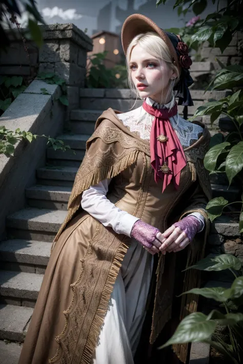 (realistic:1.3), finely detailed, quality, rembrandt lighting, (masterpiece:1.2), (photorealistic:1.2), (best quality), (detailed skin:1.3), (intricate details), dramatic, ray tracing, 1girl, plaindoll, doll joints, 21 years old, detailed skin texture, (blush:0.5), (goosebumps:0.5), subsurface scattering, expressionless, medium breasts, white hair, bonnet, brown cloak, long dress, red ascot, (purple sky, night, stone steps, plants), <lora:plaindoll-nvwls-v1:1>