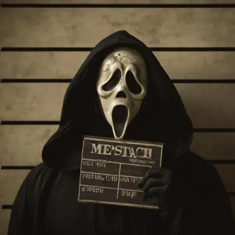 cinematic film still of <lora:Mugshots style:0.8> (((mugshot wall))) posing with a sign behind mugshot wall
<lora:Ghostface:1>Ghostface, shallow depth of field, vignette, highly detailed, high budget, bokeh, cinemascope, moody, epic, gorgeous, film grain, grainy