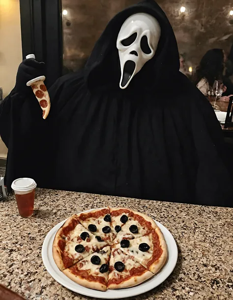 high resolution photo of Ghostface,full body shot,he is eating a pizza at restaurant
