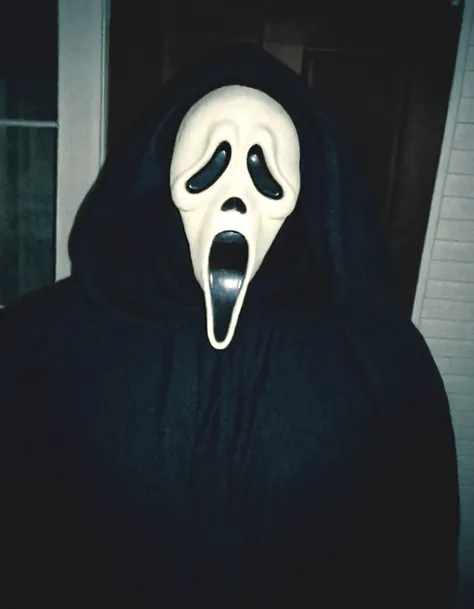a cctv blurry image,(high-angle shot:1.3),(Ghostface is at porch:1.25),vhs filter,(low resolution:1.3),grainy,eerie,horror,dark