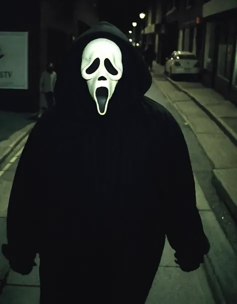 a cctv blurry image,high-angle,taken from a monitor,showing Ghostface walking in the street at night,vhs filter,(low resolution:1.3),grainy,eerie,horror,dark