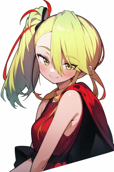 <lora:polca:1>,Blonde hair,side ponytail,red sleeveless dress(masterpiece, top quality, best quality, official art, beautiful and aesthetic:1.3),white background,look at viewr,evil smile