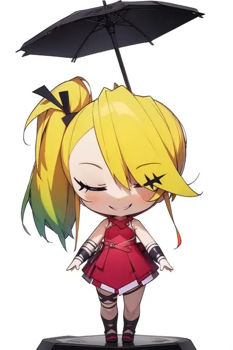 <lora:polca:1>,Blonde hair,side ponytail,red sleeveless dress(masterpiece, top quality, best quality, official art, beautiful and aesthetic:1.3),white background,evil smile, <lora:papercraft,:0.6>,papercraft,chibi